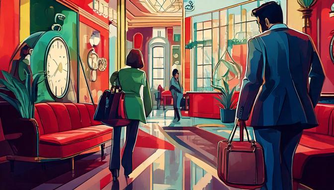 Firefly hotel lobby, people, art deco, red, blue, green, bags, front desk, metal, authentic people,